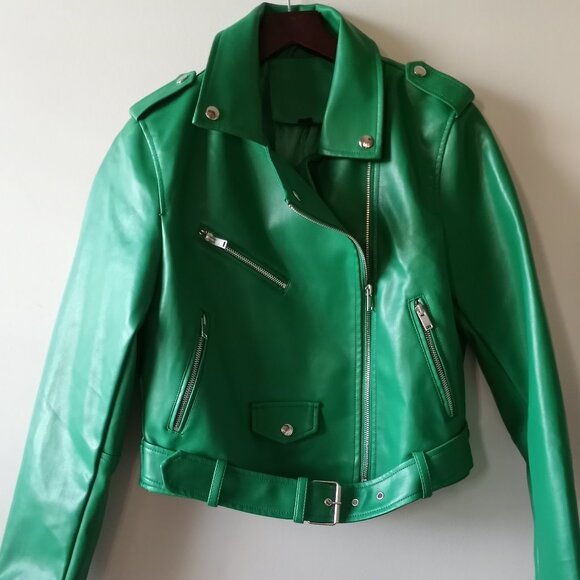 Faux Leather Cropped Moto Jacket Green Size L NWOT - Picture 2 of 16